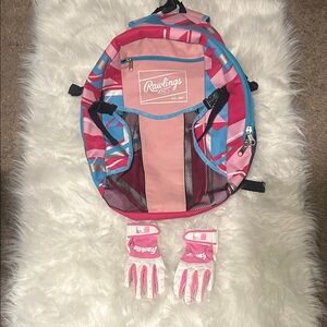 Rawlings Pink and Blue Kids tball/softball bag with pink and white gloves